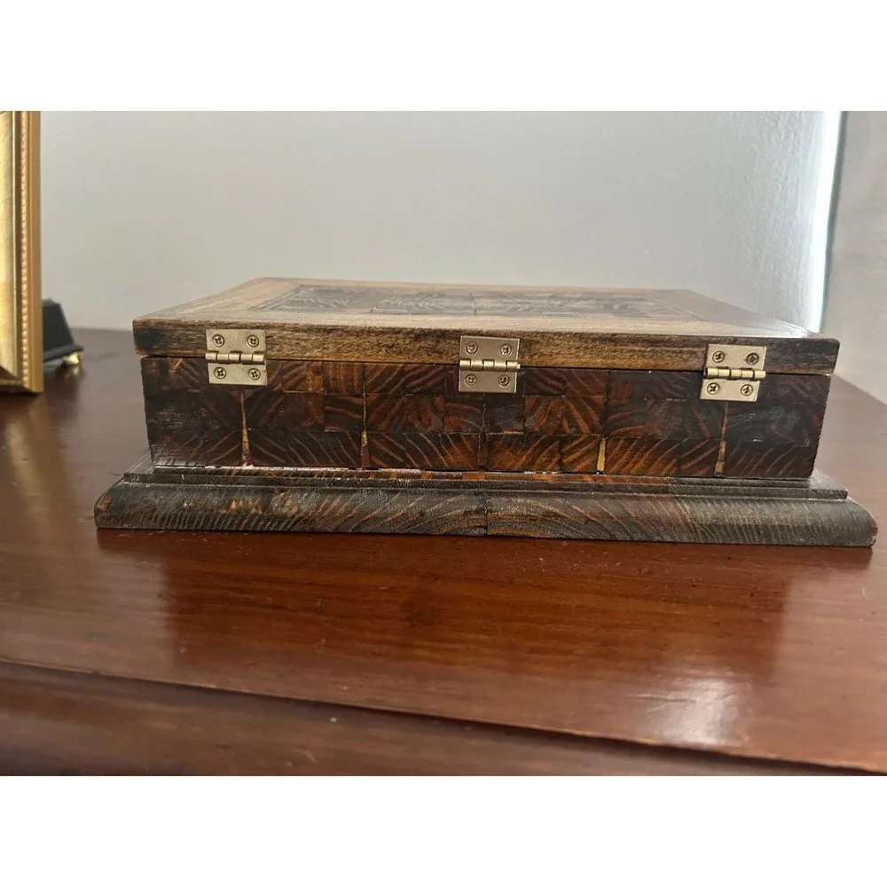 Vintage Wooden Jewelry Box Mirror Black Velvet Lining Handcrafted